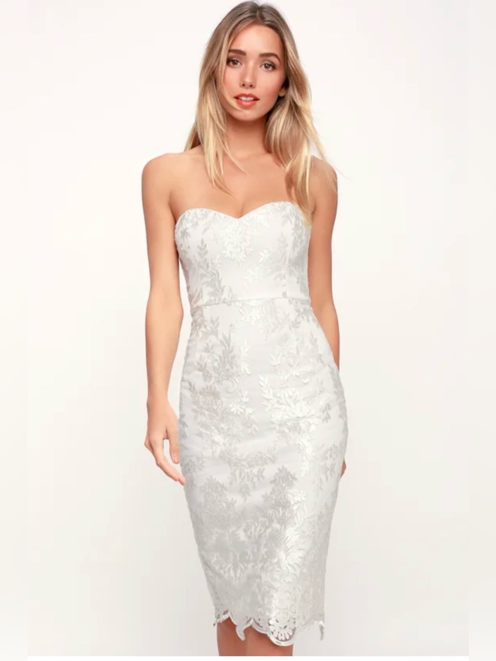 Lulus What a Knockout Lace Strapless Midi Dress White Size Small Bridal Wedding